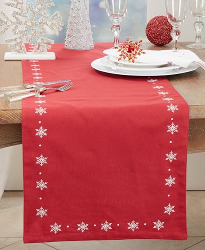 Fennco Styles White Embroidered Snowflake Christmas Table Runner 16" W x 72" L - Red Cotton Table Cover for Winter Holidays, Home Décor and Family Gatherings