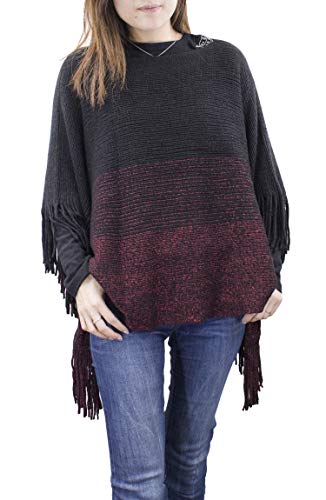 stylesilove Womens Knit Two Tone Batwing Fringe Poncho Cardigan Pullover Cozy Sweater Wrap Jacket