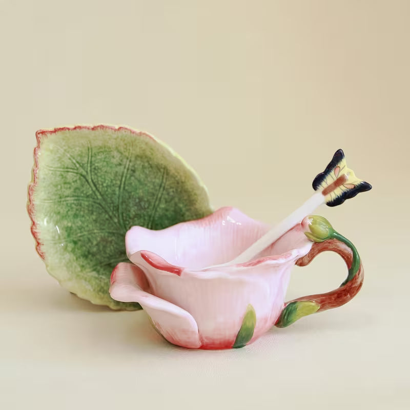 Hand-Painted 3D Tulip Ceramic Tea Cup &amp; Saucer Set – 5 oz Floral Coffee Cup with Leaf Saucer &amp; Spoon