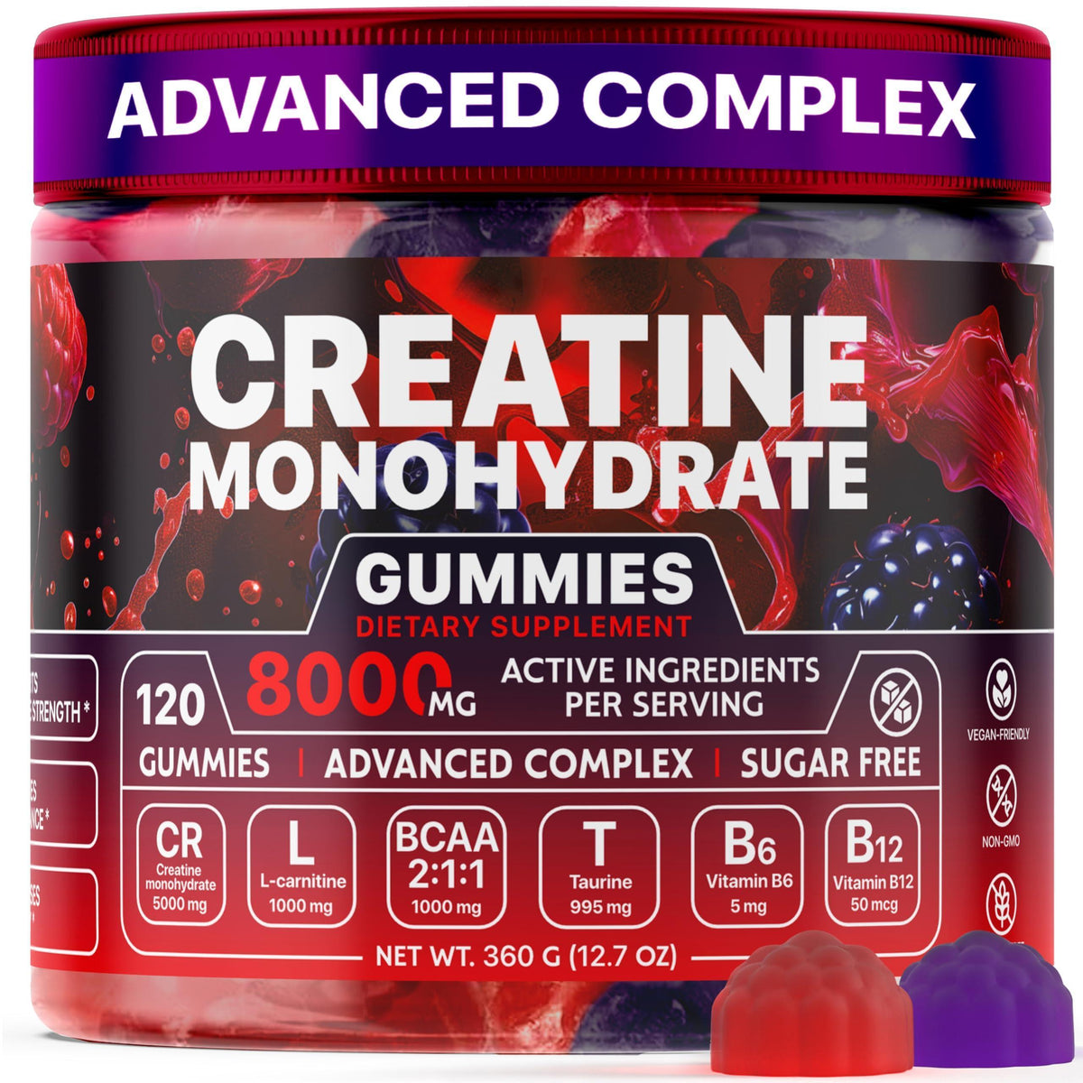 Creatine Monohydrate Gummies 8000 mg 120 Count Raspberry-Blackberry Vegan & Sugar-Free