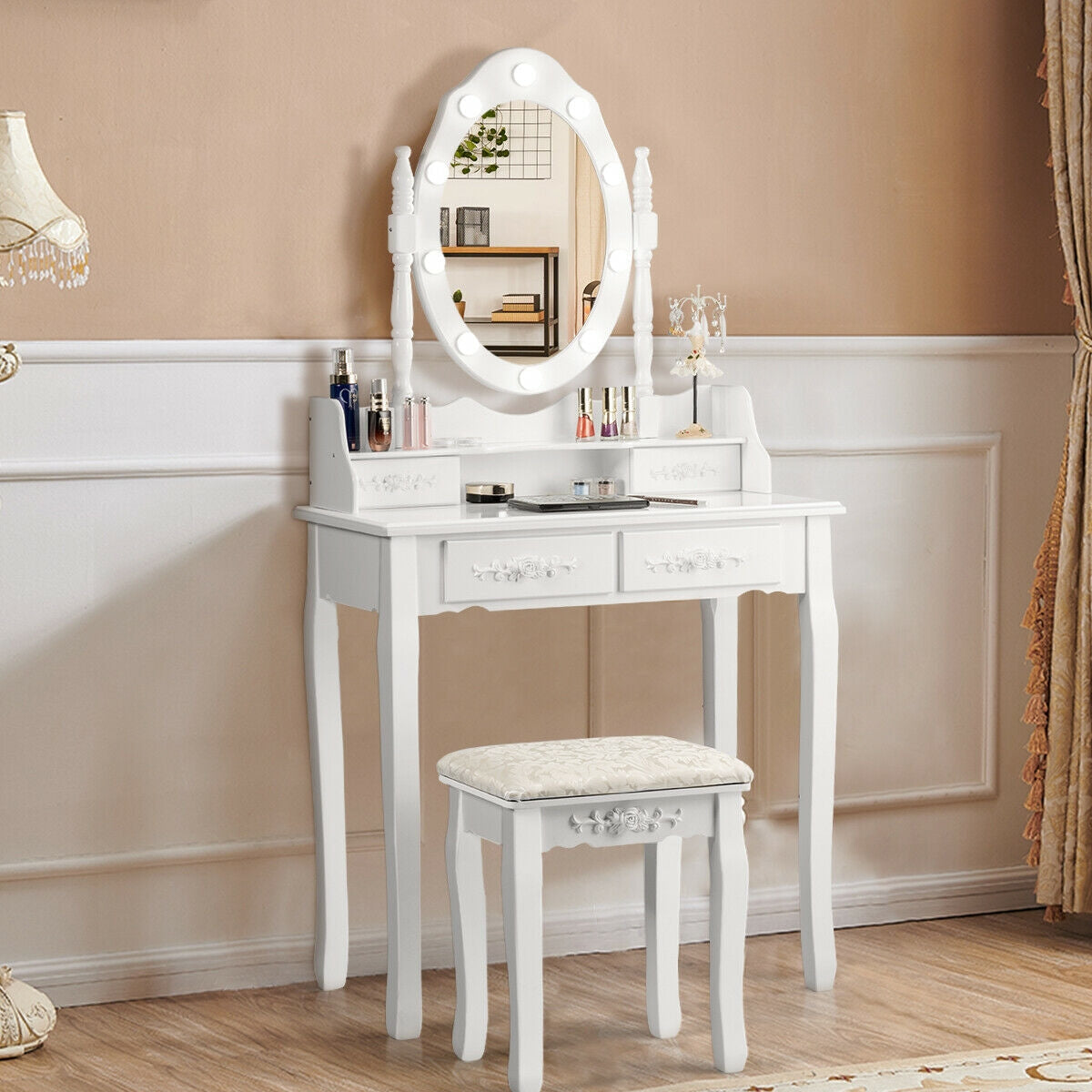 Makeup Vanity Table Set with Dimmable Bulbs & Cushioned Stool