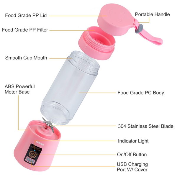 Portable Juicer Blender USB Rechargeable Juicer Cup Fruit Baby Food Mixing Machine w/ 6 Blades Powerful Motor