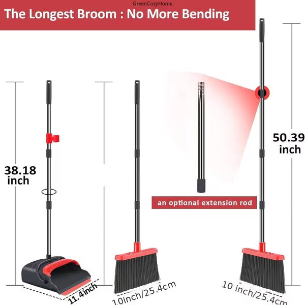 Self-Cleaning Broom and Dustpan Set – Upright Floor Sweeping Kit with Dustpan Teeth for Indoor & Outdoor Cleaning