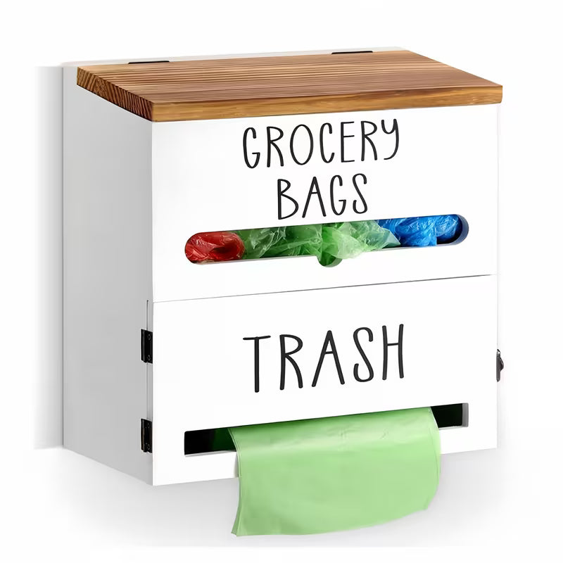 2-in-1 Wooden Garbage Bag Dispenser &amp; Organizer – Wall-Mounted or Cabinet-Hanging Trash Bag Storage for Kitchen &amp; Bathroom