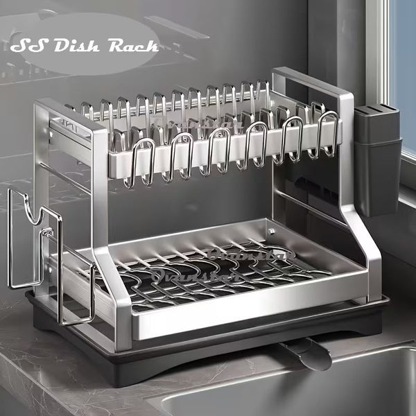 2-Tier Stainless Steel Dish Drying Rack – Rust-Resistant Kitchen Organizer with Automatic Drainage