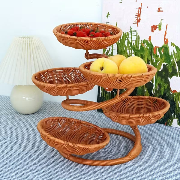 Multi-Tier Rattan-Style Serving Basket – Decorative Fruit, Bread &amp; Pastry Display Stand
