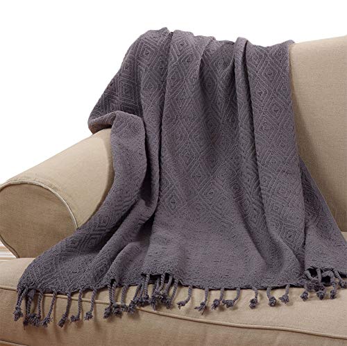 Fennco Styles Solid Color Diamond Weave Tassel 100% Cotton Ultra Soft Throw Blanket, 50" x 60", Grey