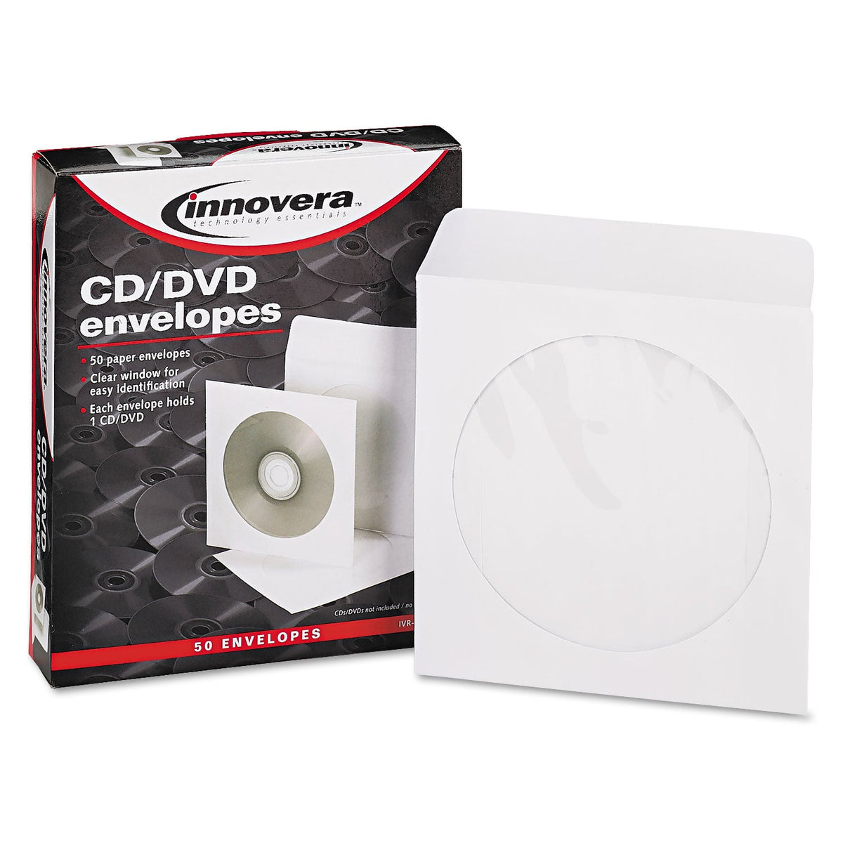 Innovera CD/DVD Envelopes, Clear Window, 1 Disc Capacity, White, 50/Pack