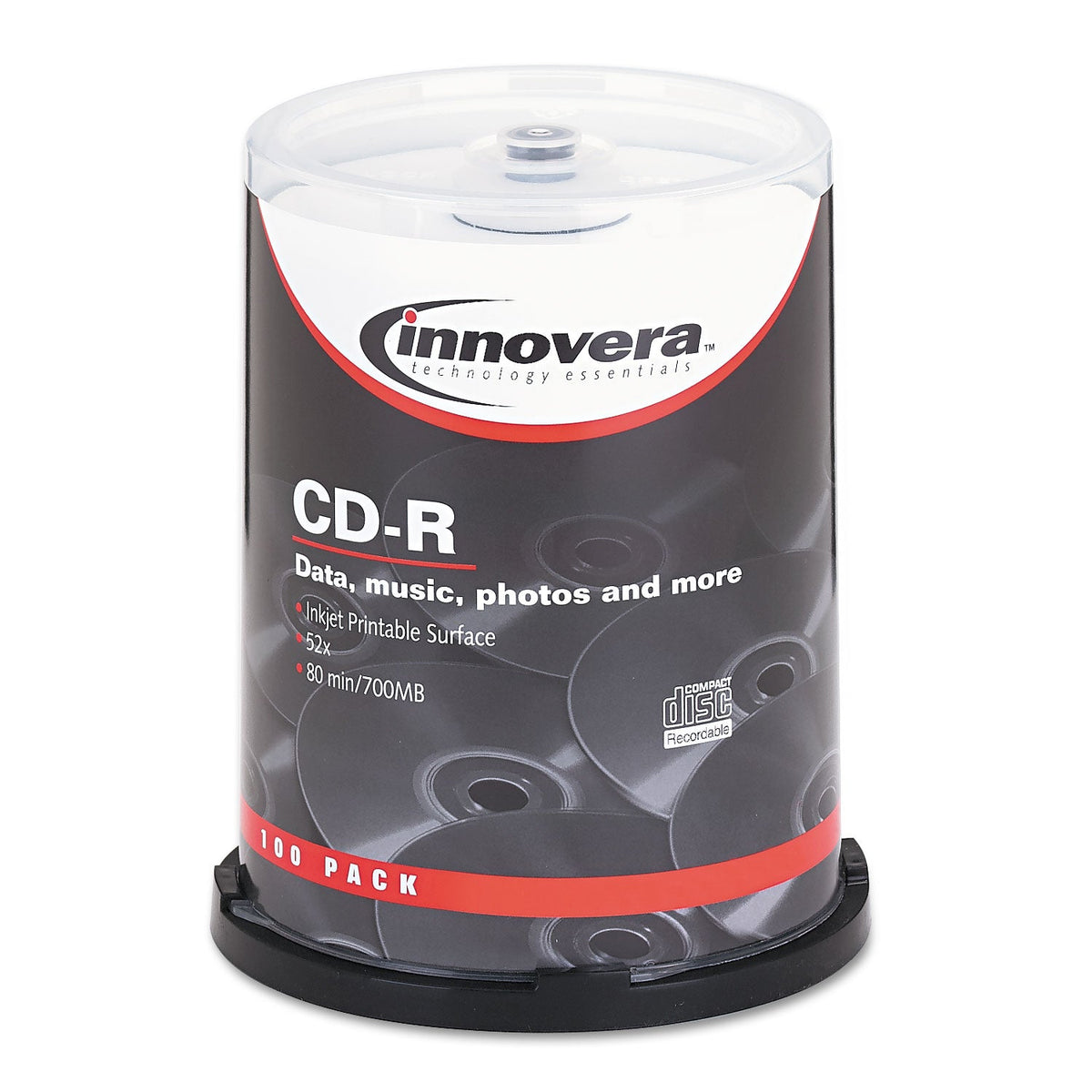 Innovera CD-R Inkjet Printable Recordable Disc, 700 MB/80 min, 52x, Spindle, Matte White, 100/Pack