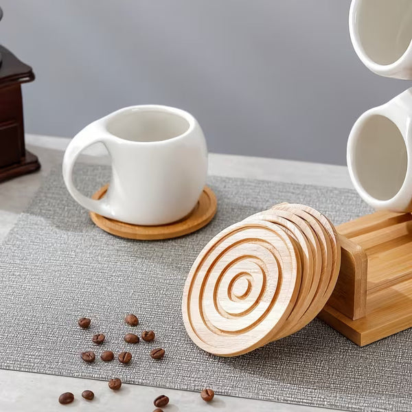 6-Piece Ceramic Coffee Cup Set with Wooden Coasters &amp; Stand – 200ML Espresso, Latte &amp; Cappuccino Mugs