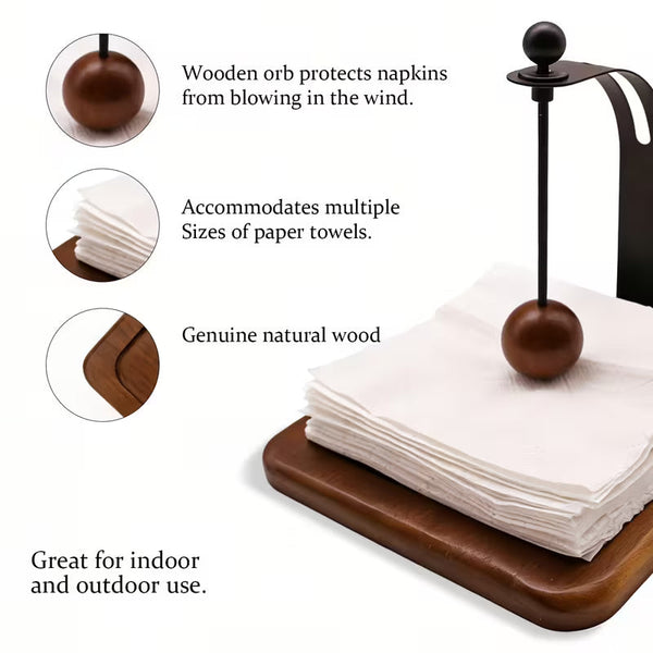 Modern Metal Napkin Holder with Wooden Base – Elegant Black Tabletop Napkin Organizer with Decorative Spherical Knob