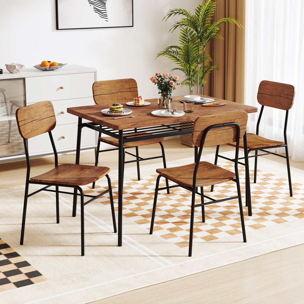 5-Piece Table Set for 4 with Metal Frame and Storage Rack-Brown