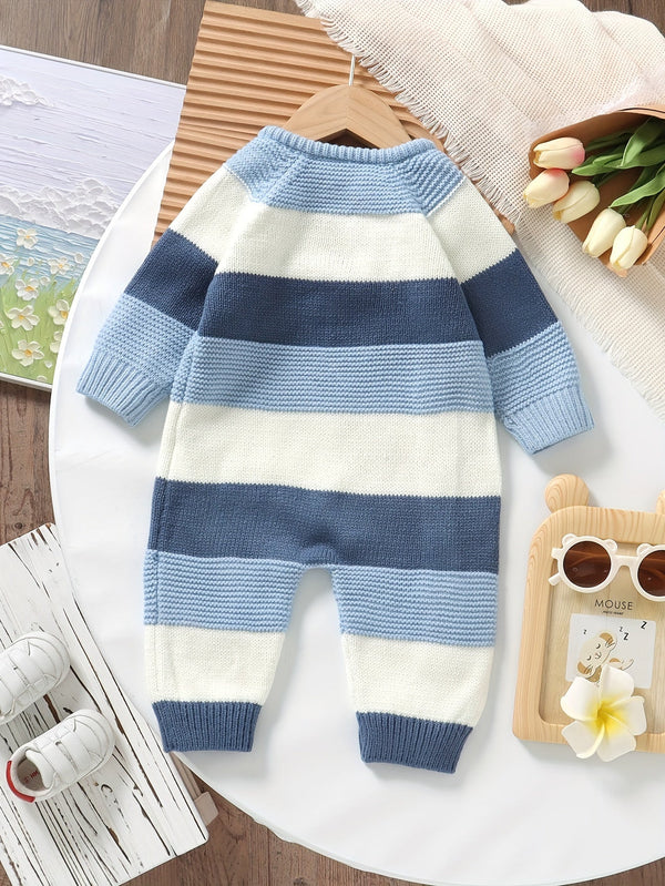 Infant Striped Knit Romper – Long Sleeve Fall/Winter Baby Jumpsuit, Buttoned Shoulder (Cozy One-Piece, Casual Style)