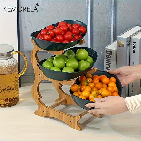 3-Tier Wooden Fruit &amp; Vegetable Basket with Wooden Legs – Multi-Level Kitchen Countertop Organizer for Fresh Produce &amp; Pantry Storage