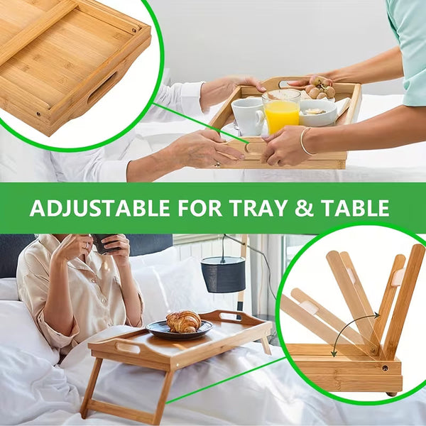 2-Pack Bamboo Breakfast Bed Trays with Folding Legs &amp; Handles – Extra-Wide Portable Serving Tables for Eating, Working &amp; Drawing