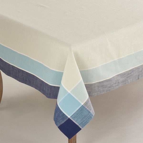 Fennco Styles Stripe Border Design Cotton Tablecloth 72" W x 72" L - Azure Blue Table Cover for Dining Table Décor, Banquets, Holiday, Family Gathering, Special Occasions