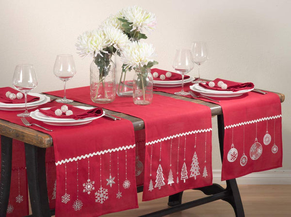 Fennco Styles Embroidered Christmas Balls Red Table Runner - 16"x72"