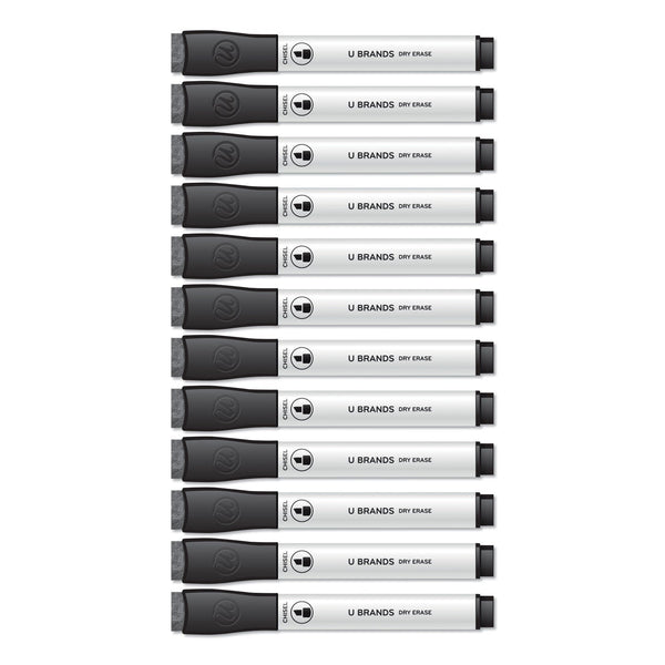 U Brands Chisel Tip Low-Odor Dry-Erase Markers with Erasers, Broad Chisel Tip, Black, Dozen