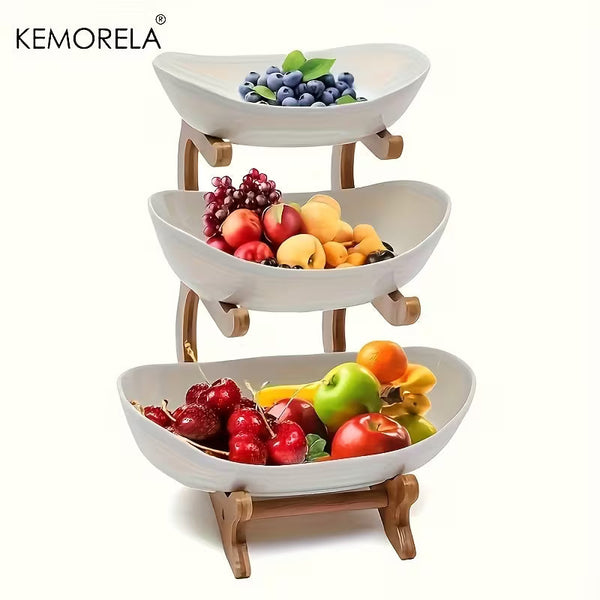 3-Tier Wooden Fruit &amp; Vegetable Basket with Wooden Legs – Multi-Level Kitchen Countertop Organizer for Fresh Produce &amp; Pantry Storage