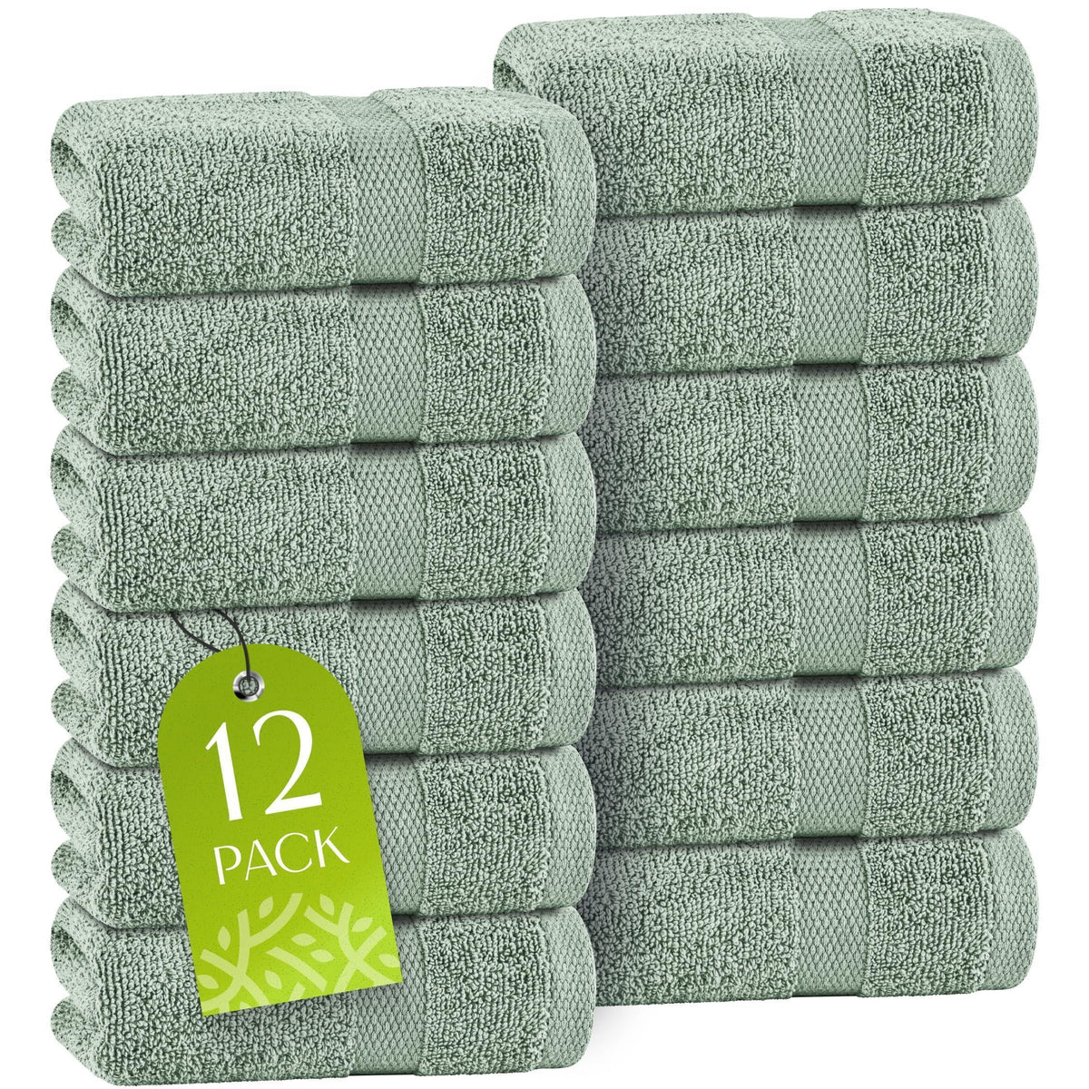 Green Washcloths Set for Body Face 12 Pack 12x12 Inch Towel Cotton Wash Cloths Bulk Spa Fingertip Wash Clothes Soft Absorbent Gym Towels