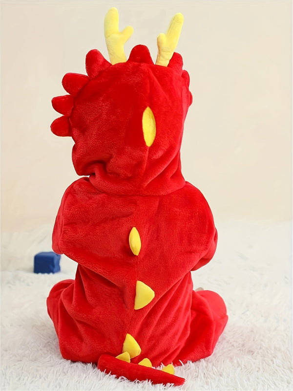 Toddler Red Dragon Animal Romper Pajama – Hooded Long Sleeve Sleepwear (100% Polyester, Flame Resistant, Spring/Fall, Boys & Girls)