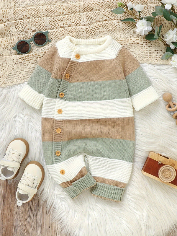 Infant Striped Knit Romper – Long Sleeve Fall/Winter Baby Jumpsuit, Buttoned Shoulder (Cozy One-Piece, Casual Style)