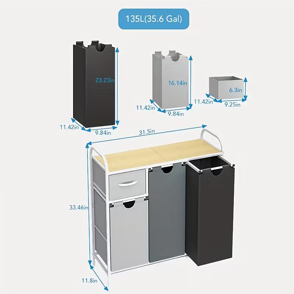 35.7 Gallon 3-Section Laundry Sorter with Shelf & Drawer
