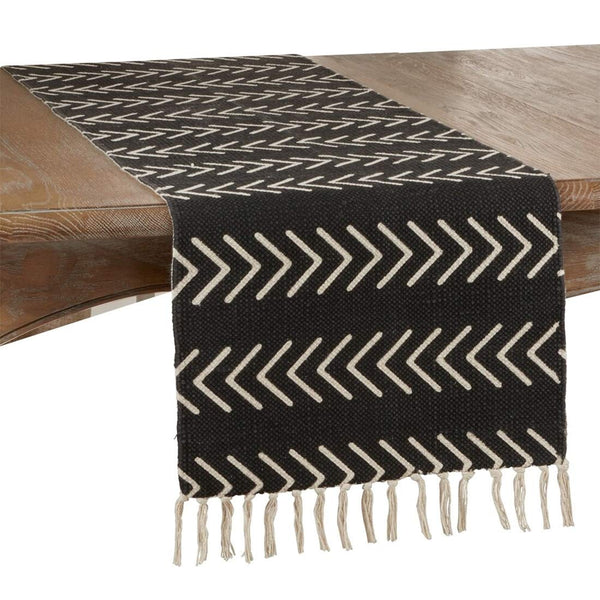 Fennco Styles Neutral Chevron Print Tassel Cotton Woven Table Runner - Black Table Cover for Home, Dining Room, Banquets, Family Gathering and Special Occasion