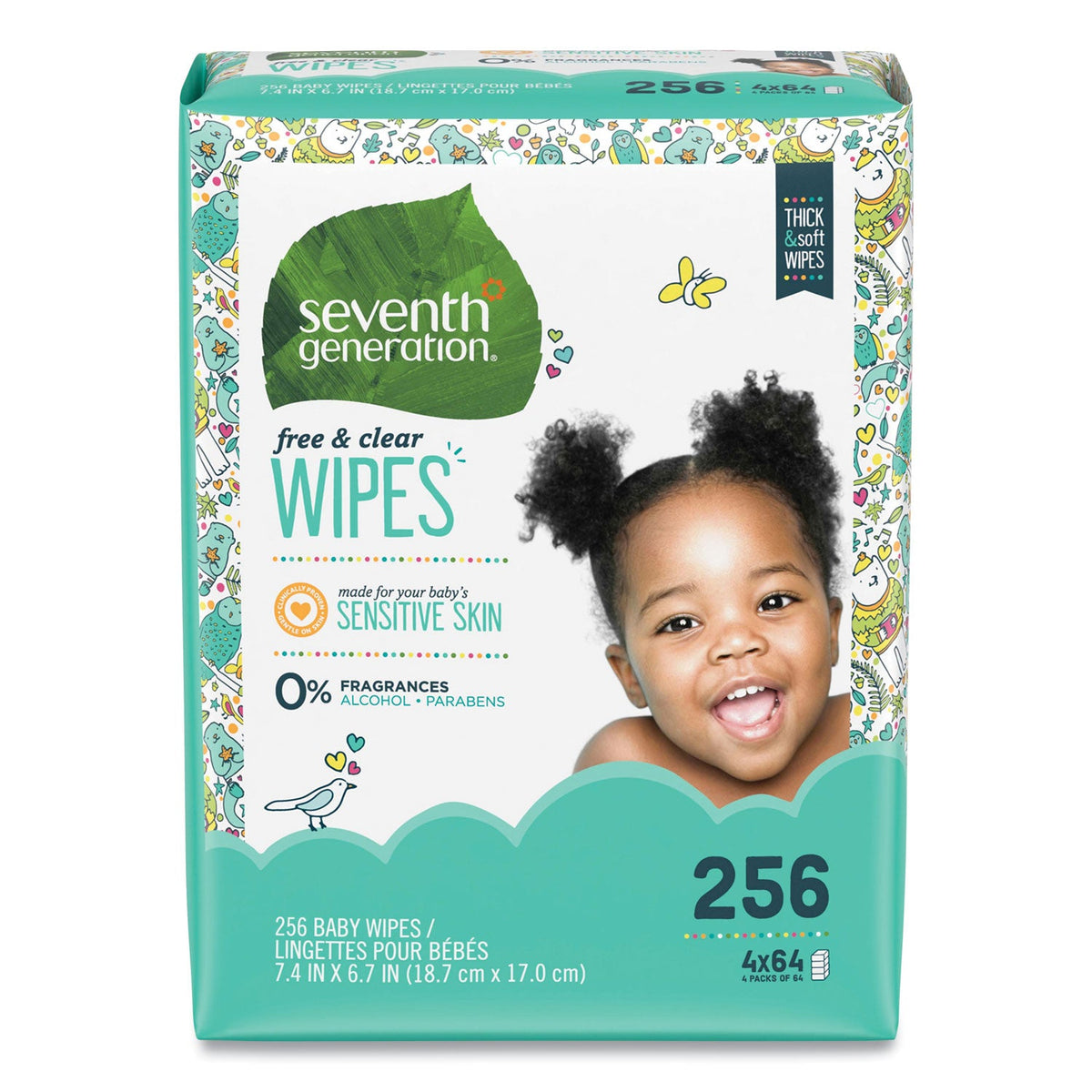Seventh Generation Free and Clear Baby Wipes, Refill, 7 x 7, Unscented, White, 256/Pack