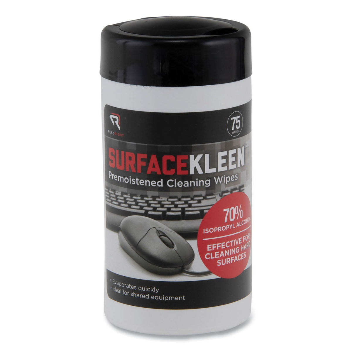 Read Right SurfaceKleen Premoistened Alcohol Cleaning Wipes, 6.38 x 5.4, Tub, 75/Pack