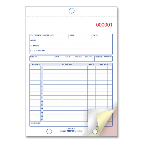 Rediform Sales Book, Three-Part Carbonless, 5.5 x 7.88, 1/Page, 50 Sets/Book