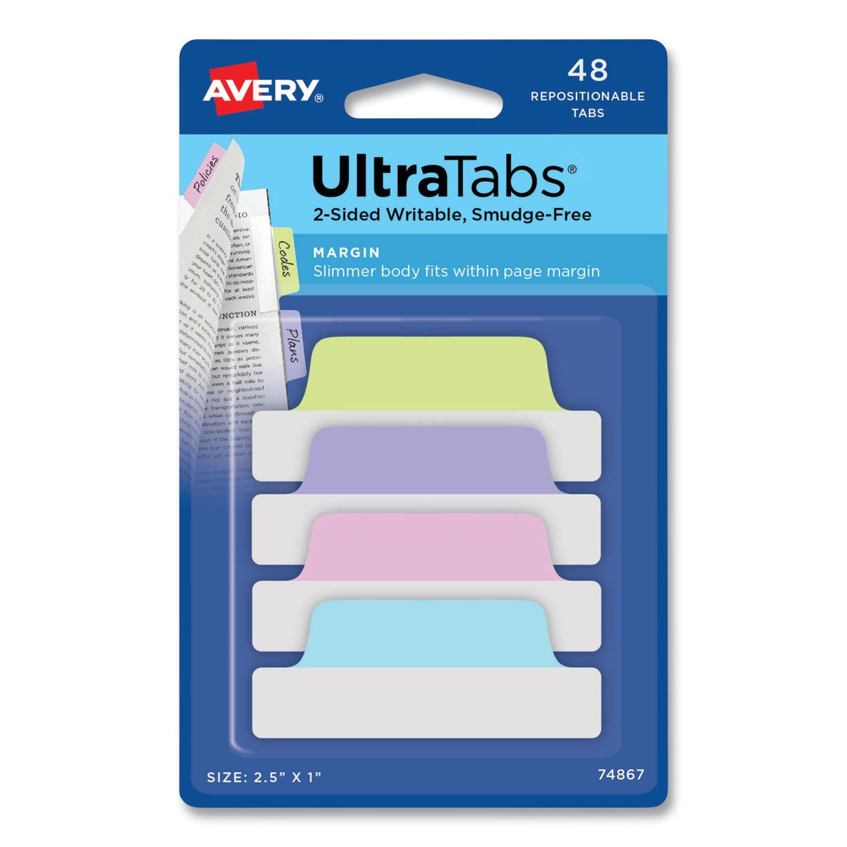 Avery Ultra Tabs Repositionable Tabs, Margin Tabs: 2.5" x 1", 1/5-Cut, Assorted Pastel Colors, 48/Pack