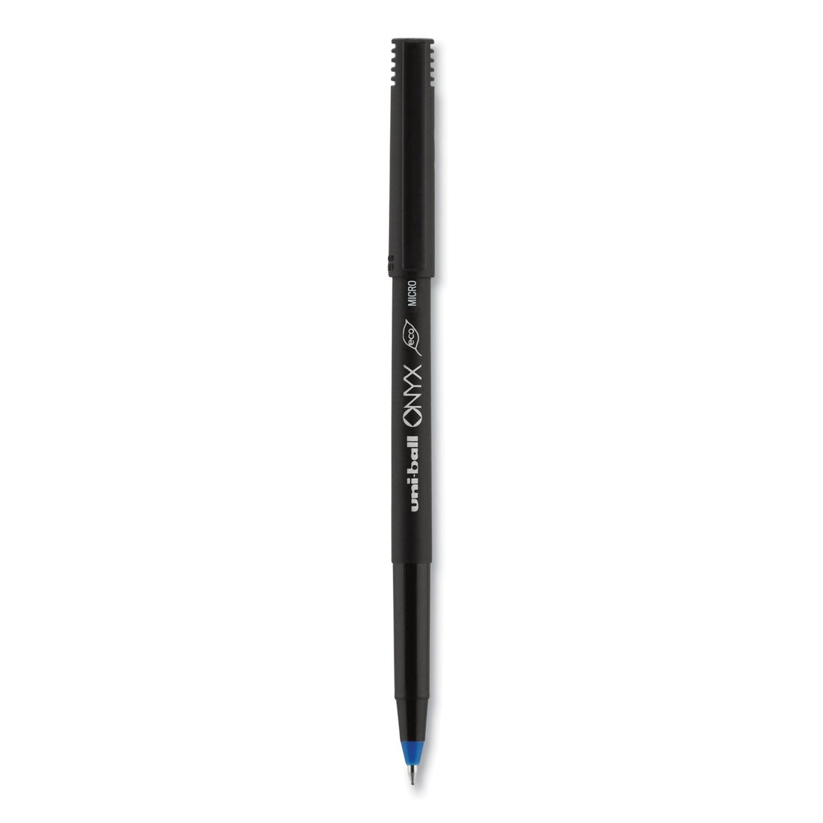 uniball ONYX Roller Ball Pen, Stick, Micro 0.5 mm, Blue Ink, Black Matte Barrel, Dozen