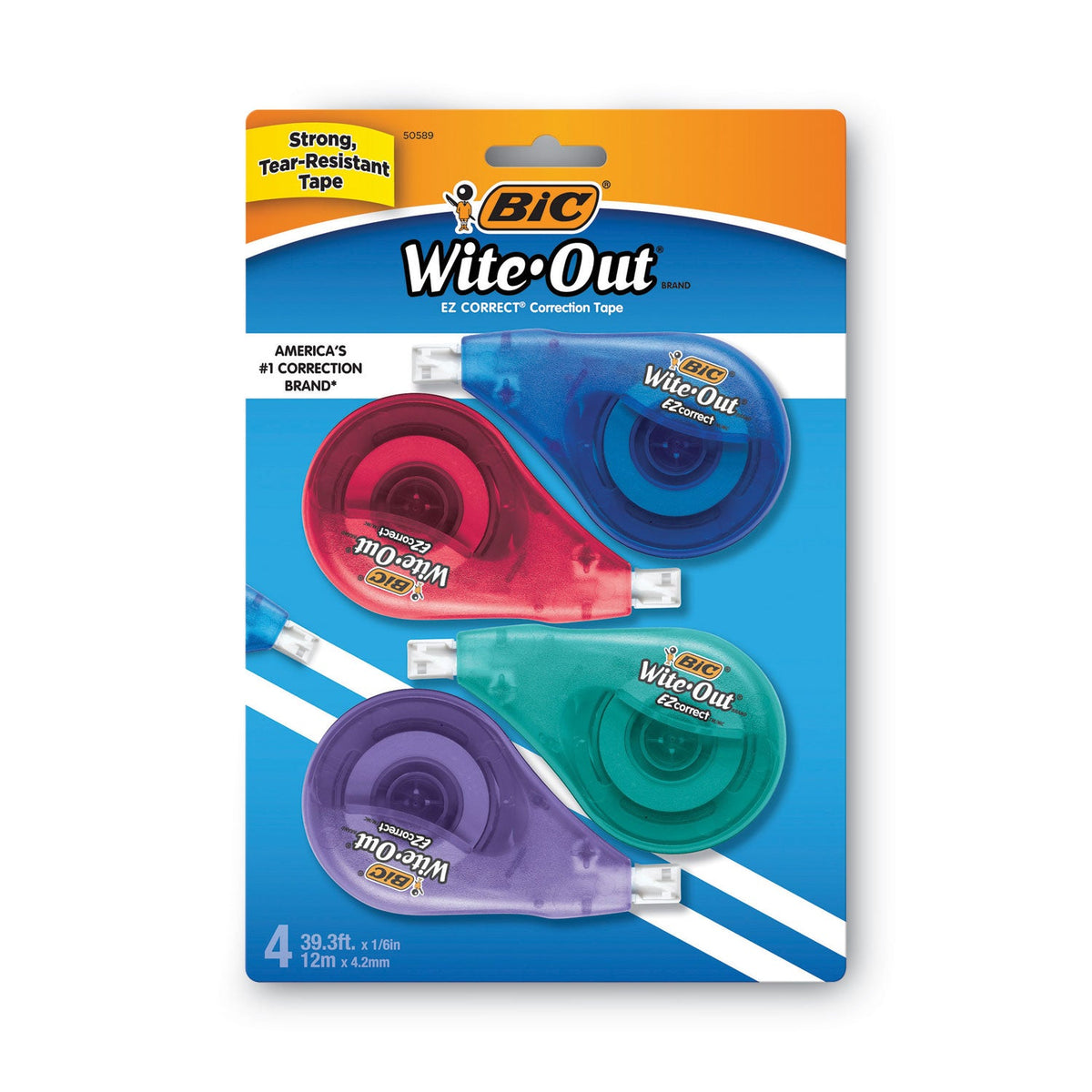 BIC Wite-Out EZ Correct Correction Tape, Non-Refillable, Blue/Yellow Applicators, 0.17" x 400", 4/Pack