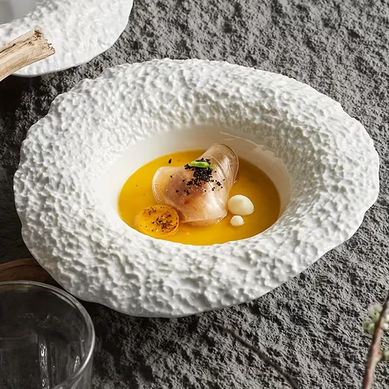 Italian-Style Ceramic Deep Serving Plate – Rock-Textured Wide-Rim Soup Bowl for Pasta, Desserts &amp; Fine Dining
