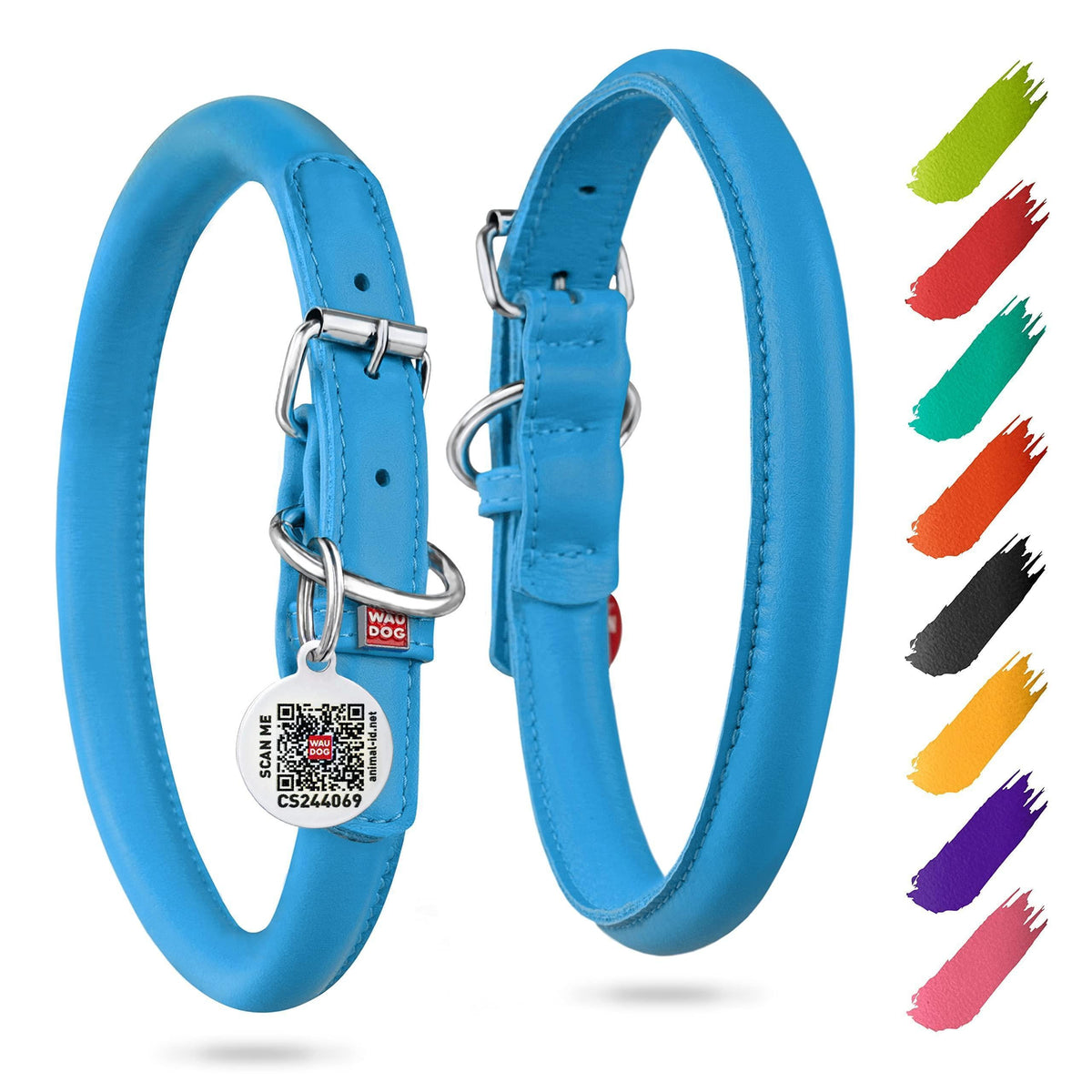 Rolled Leather Dog Collar Padded Small Dogs 21–24 in Neck Blue