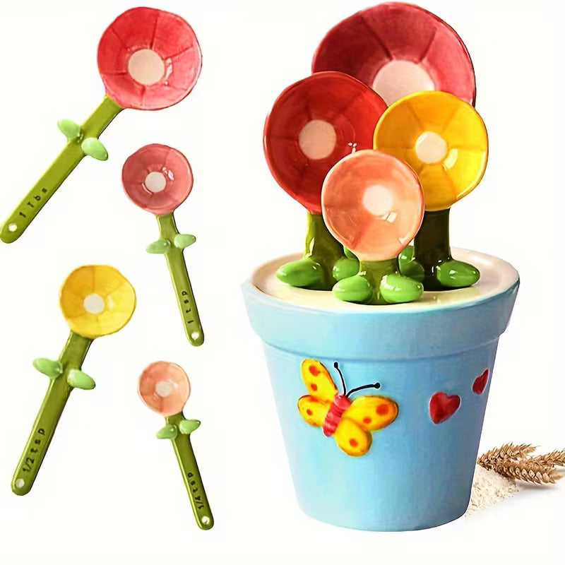 Flower-Shaped Ceramic Measuring Spoon Set with Holder – Decorative Porcelain Kitchen Spoons in Flower Pot Design
