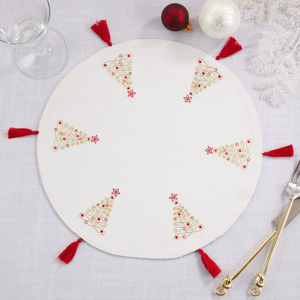 Fennco Styles Embroidered Christmas Trees Design Placemats with Tassel 14" Round, Set of 4
