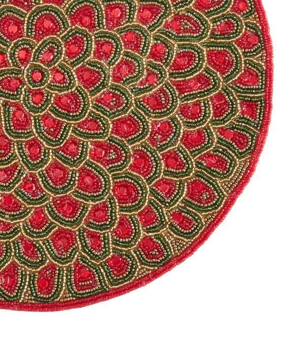 Fennco Styles Jaipur Collection Contemporary Peacock Feathers Glass Beaded 14 x 14 Inch Place Mat – Red Placemat for Banquets, Family Gathering, Special Events and Home Décor
