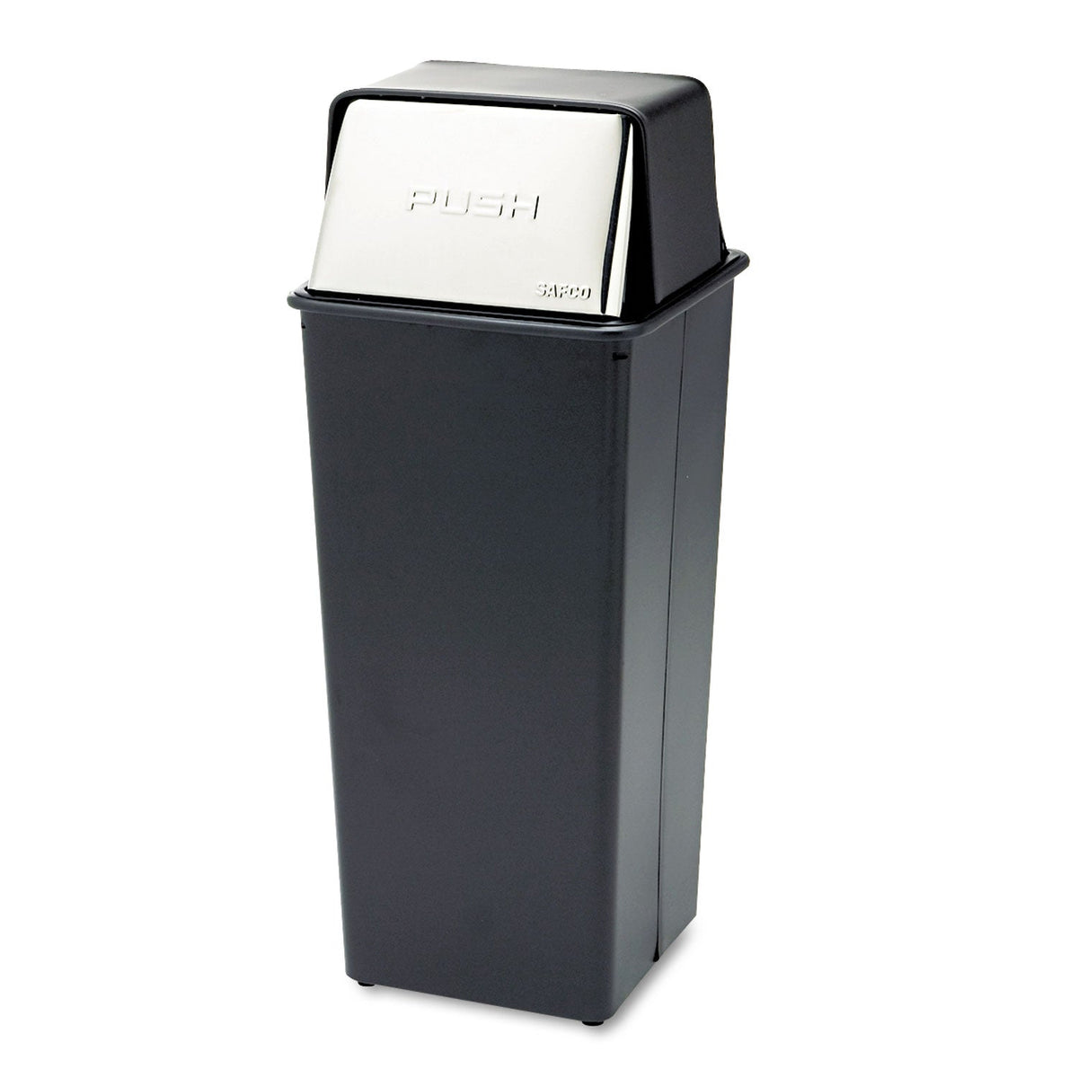Safco Reflections Push Top Square Receptacle, Steel, 21 gal, Black/Chrome