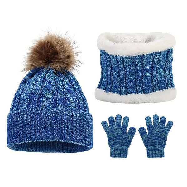 3-Piece Set – Children's Warm Hat, Scarf & Gloves – Autumn & Winter Plus Velvet, Mixed Color Knitted Set