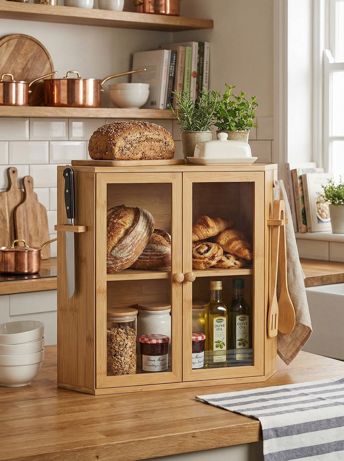 Bamboo Bread Box with Clear Doors – 2-Tier Kitchen Countertop Organizer