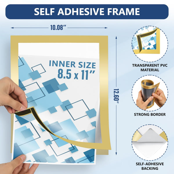 12 Pack Magnetic Sign Holder 8.5 x 11 inch with Adhesive Back Gold Magnetics Poster Frame Magnetic Paper Holder Reusable Adhesive Frames Magnet Frame for Wall Windows Magnet Document Holders