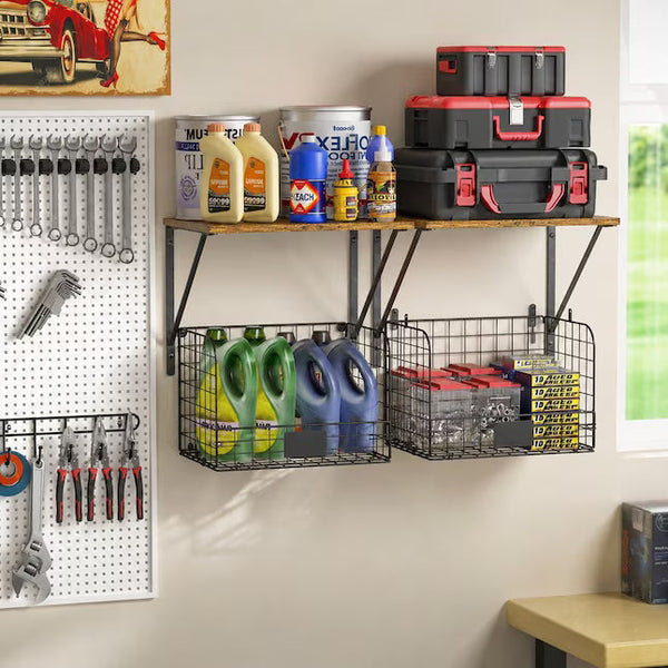 Afoxsos 2-Pack Garage Wall Shelves – Wood Storage with Baskets & Hooks