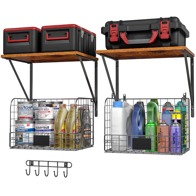 Afoxsos 2-Pack Garage Wall Shelves – Wood Storage with Baskets & Hooks