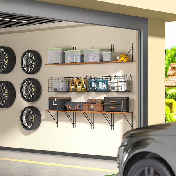 Afoxsos 2-Pack Garage Wall Shelves – Wood Storage with Baskets & Hooks