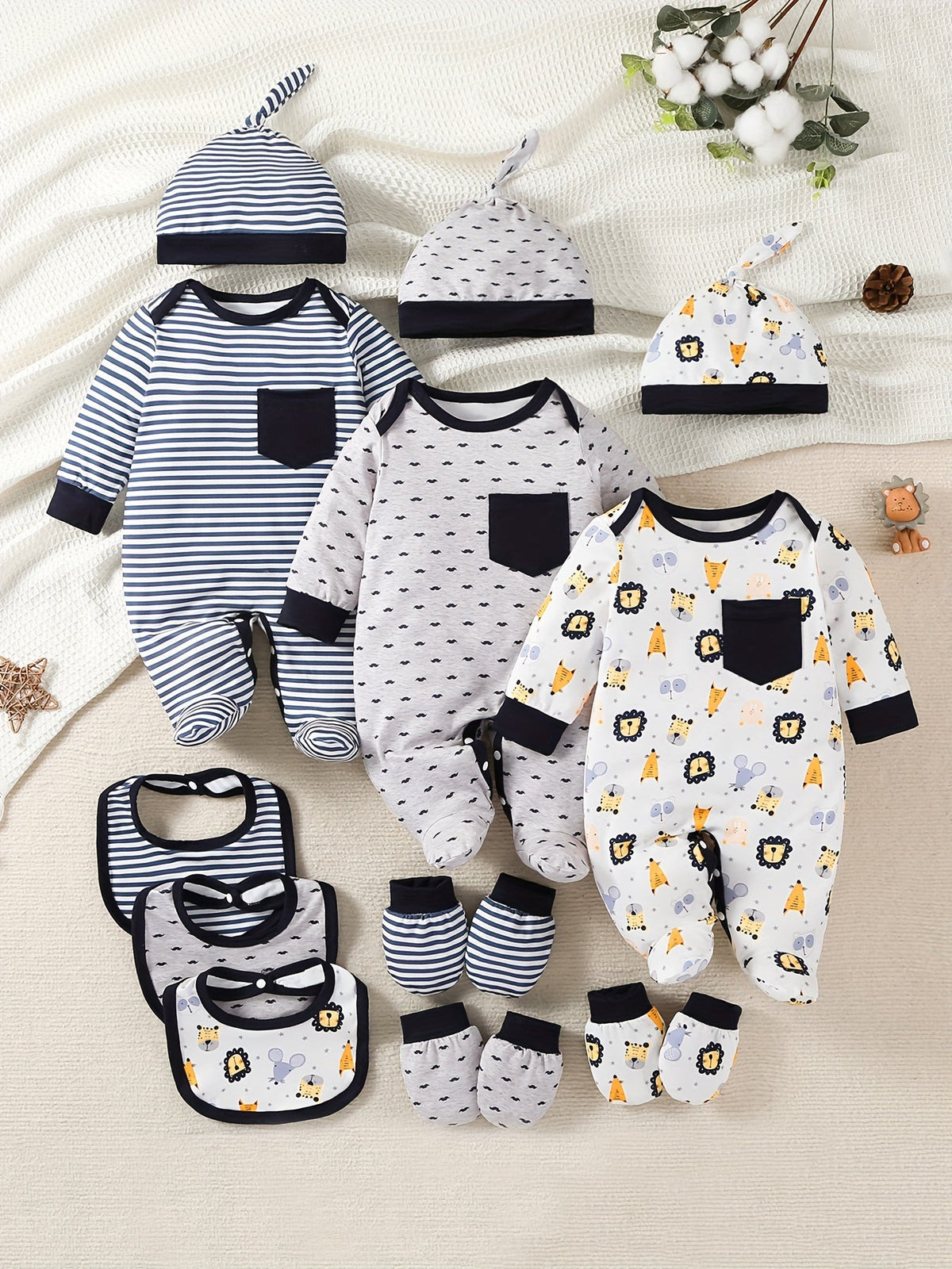 SHIXUANBAOBEI Newborn Infant 15pcs Set – Long-Sleeved Footed Onesies with Colorful Floral Print, Includes Hat, Bib, Gloves (Soft & Comfortable, Perfect Gift)