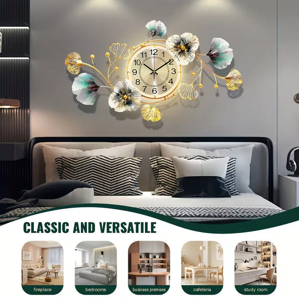 3D Ginkgo Leaf Metal Wall Clock – Large Silent Decorative Clock, 37 × 20 Inches