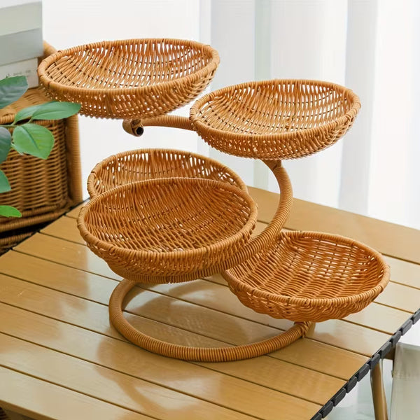 Multi-Tier Rattan-Style Serving Basket – Decorative Fruit, Bread &amp; Pastry Display Stand