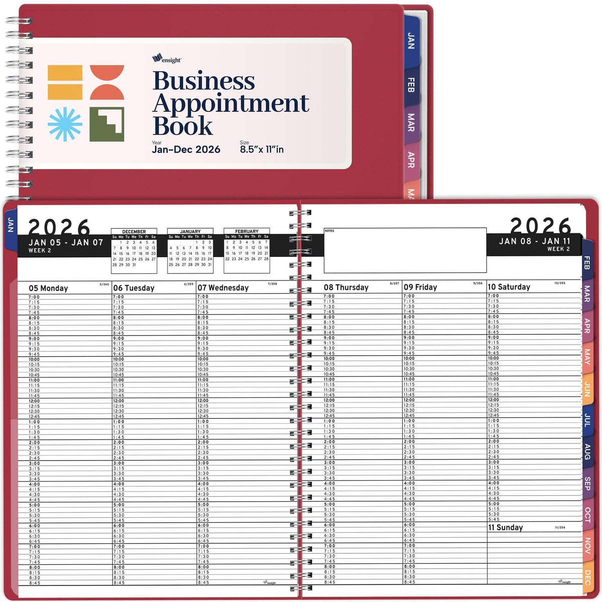 2026 Appointment Book & Planner 8.5 x 11 inch Large Maroon Tabbed Daily Hourly Weekly Planner Schedule Book 15 Minute time Slots Business & Personal Planner Jan 2026 Dec 2026
